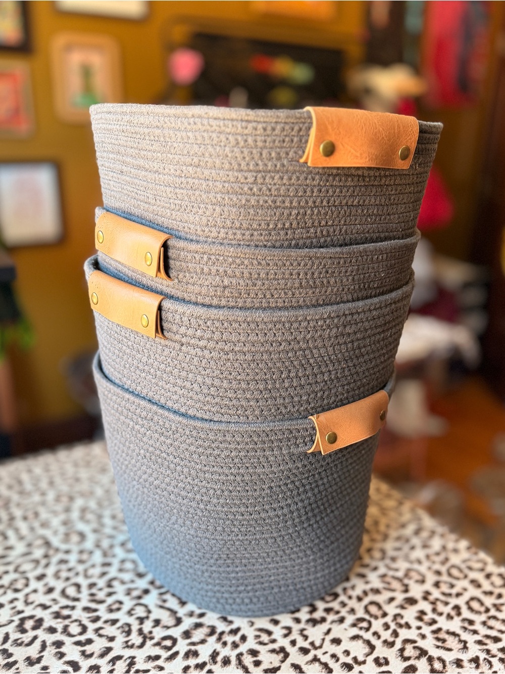Woven Storage Baskets - Gray with Tan Leather Handles - 4pcs